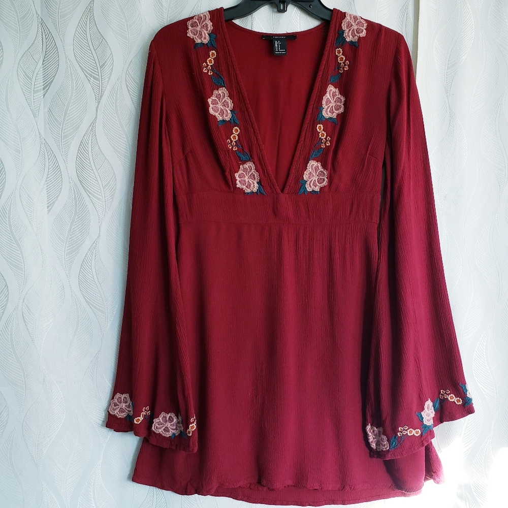 Maroon Long Sleeve Floral Embroidered Deep Vneck Boho Bell Sleeve Mini Dress